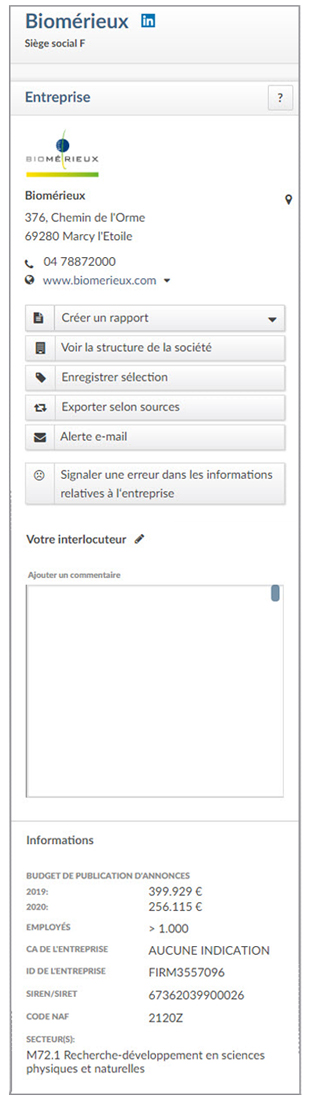 Capture d'écran index advertsdata Système de distribution Exemple d'informations de contact de l'entreprise