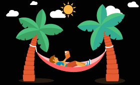 Image symbole d'une personne allongée entre deux palmiers dans un hamac, se détendant.