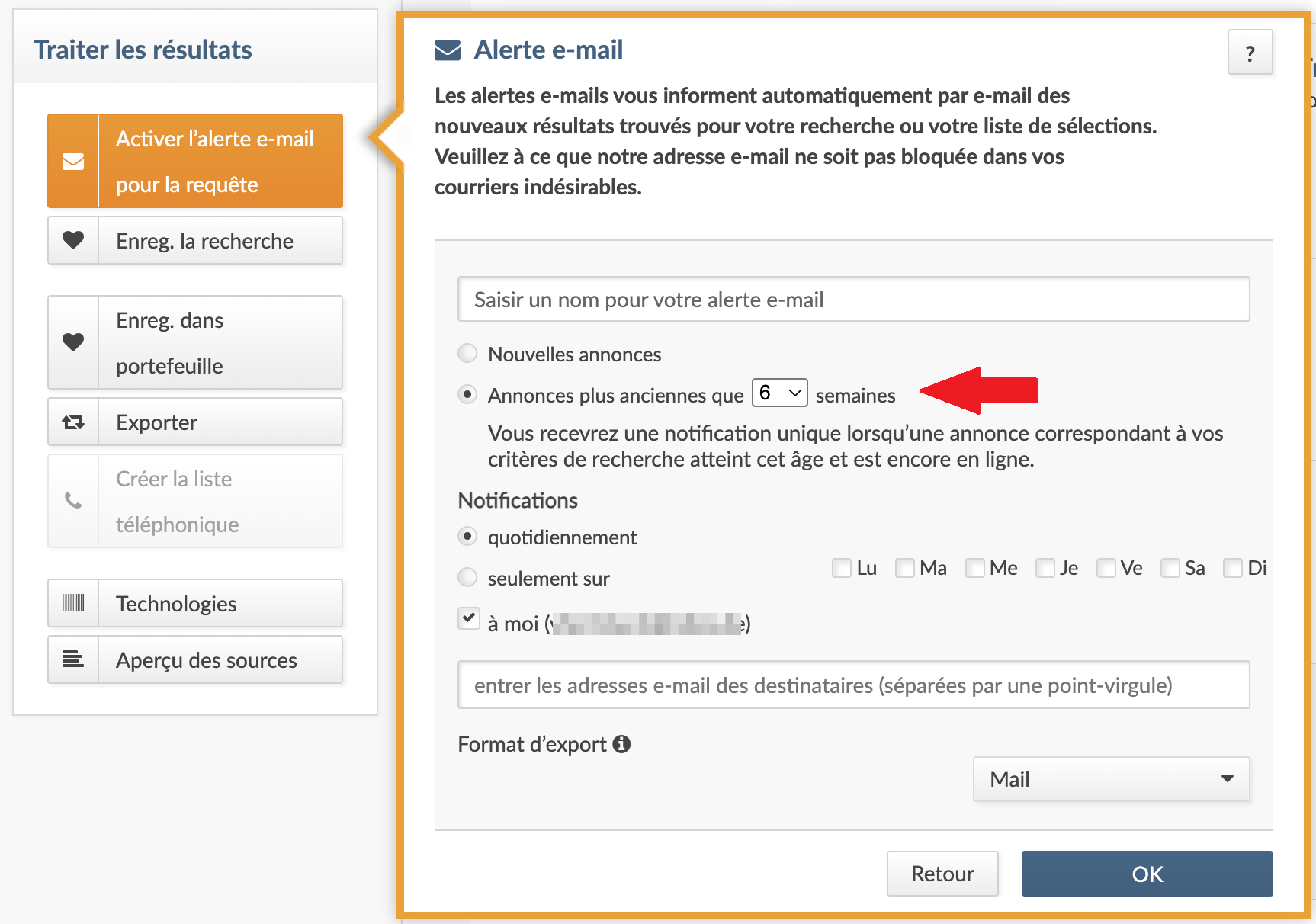 FR Blue Screenshot von französischer Advertsdata-Oberfläche mit Umrahmung einer ausgeblendeten Anzeige und Pfeil auf Augen-Symbol