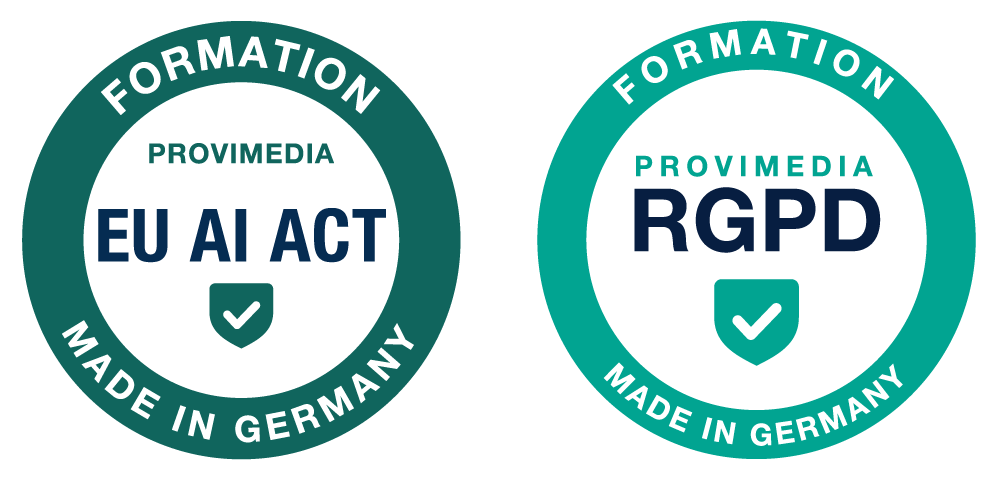 badge-aiact-dsgvo-fr Graphique : bases de la protection des données vérifiées par Provimedia – règlement européen sur l'IA et RGPD